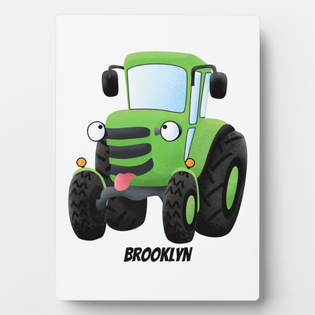 Cute green happy farm tractor cartoon illustration plaque (Front)