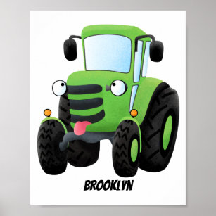 Cute green happy farm tractor cartoon illustration poster