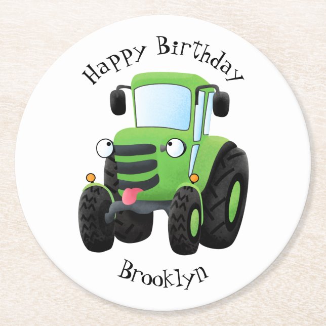 Cute green happy farm tractor cartoon illustration round paper coaster (Front)