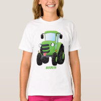Cute green happy farm tractor cartoon illustration