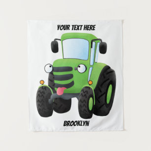 Cute green happy farm tractor cartoon illustration tapestry