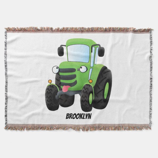 Cute green happy farm tractor cartoon illustration throw blanket (Front)