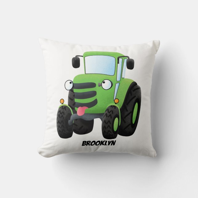 Cute green happy farm tractor cartoon illustration throw pillow (Front)