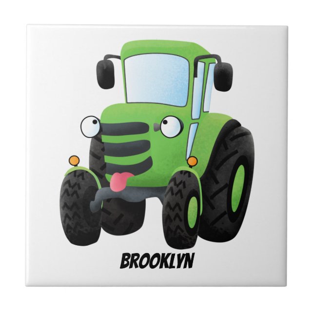 Cute green happy farm tractor cartoon illustration tile (Front)