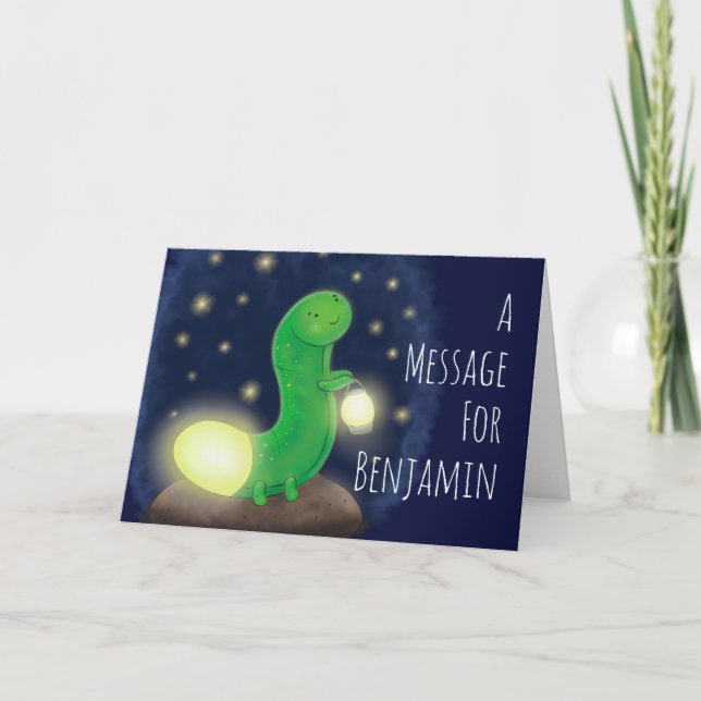 Cute green happy glow worm cartoon illustration card (Front)