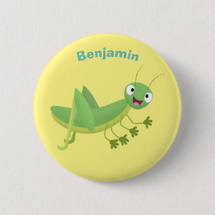 Cute green happy grasshopper cartoon 2 inch round button