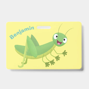 Cute green happy grasshopper cartoon badge