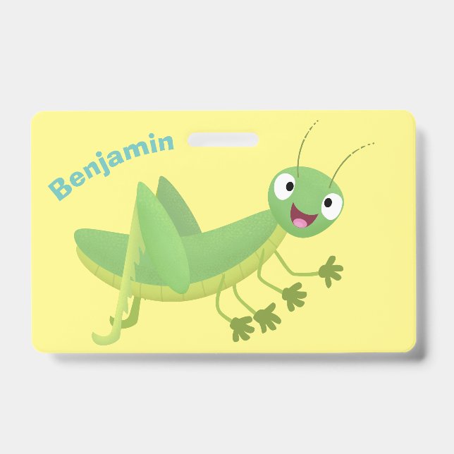 Cute green happy grasshopper cartoon badge (Front)
