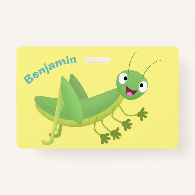 Cute green happy grasshopper cartoon badge (Front)