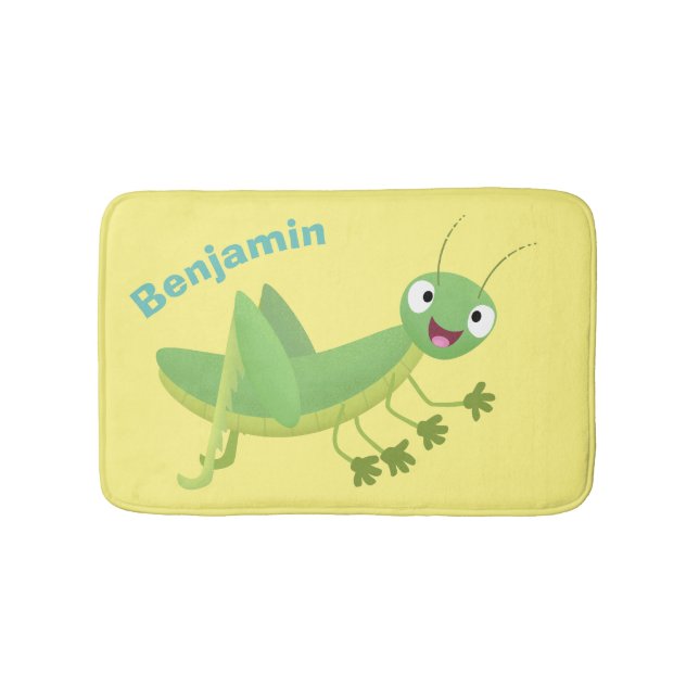 Cute green happy grasshopper cartoon bath mat (Front)