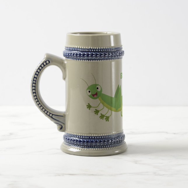 Cute green happy grasshopper cartoon beer stein (Left)