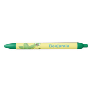 Cute green happy grasshopper cartoon black ink pen