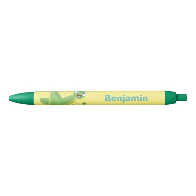 Cute green happy grasshopper cartoon black ink pen (Front)