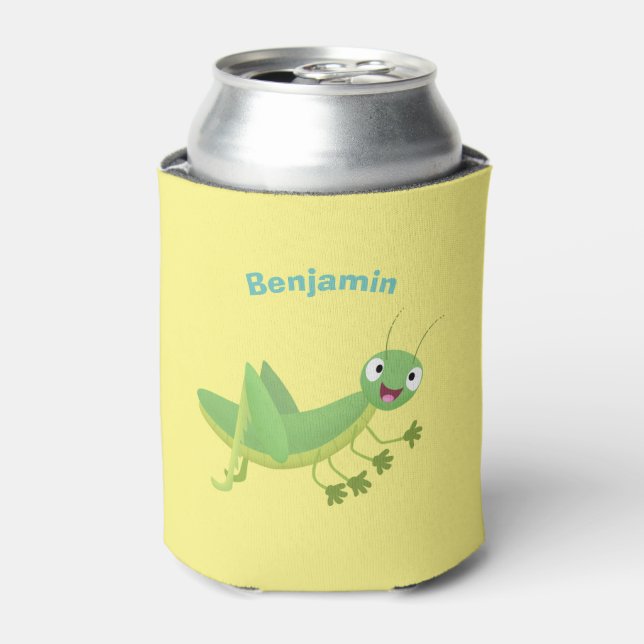 Cute green happy grasshopper cartoon can cooler (Can Front)