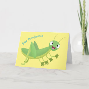 Cute green happy grasshopper cartoon card