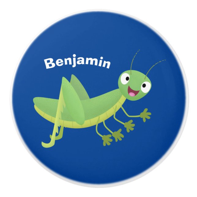 Cute green happy grasshopper cartoon ceramic knob (Front)