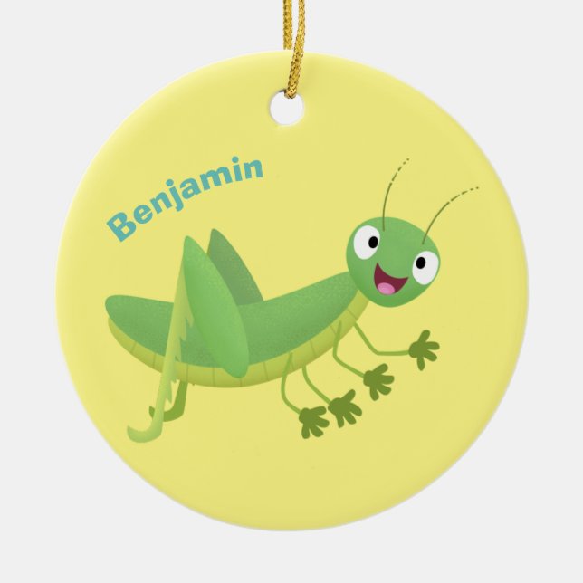 Cute green happy grasshopper cartoon ceramic ornament (Front)