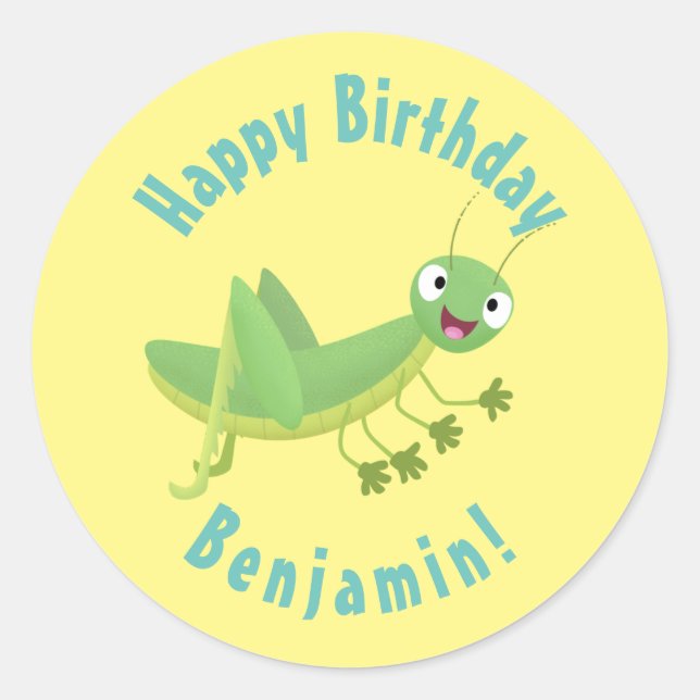 Cute green happy grasshopper cartoon classic round sticker (Front)