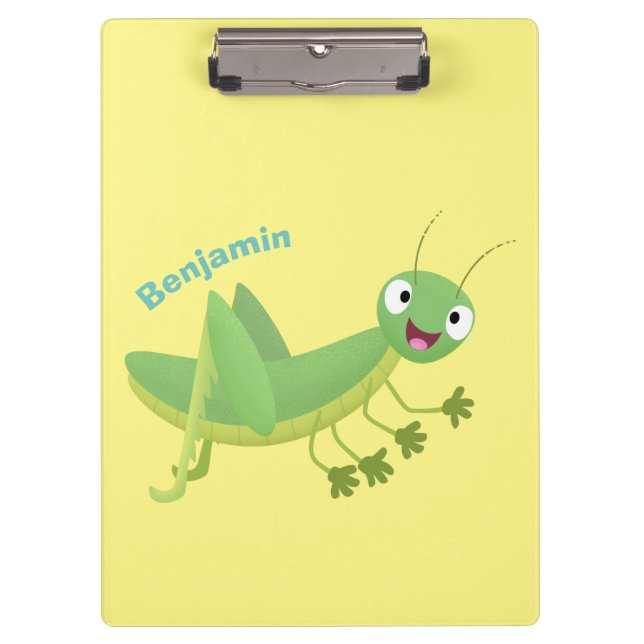 Cute green happy grasshopper cartoon clipboard (Front)
