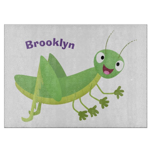 Cute green happy grasshopper cartoon cutting board (Front)