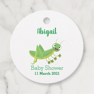 Cute green happy grasshopper cartoon favour tags