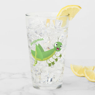 Cute green happy grasshopper cartoon glass