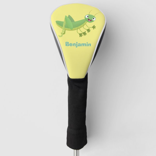 Cute green happy grasshopper cartoon golf head cover (Front)
