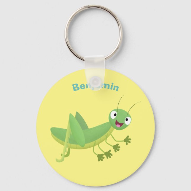 Cute green happy grasshopper cartoon keychain (Front)