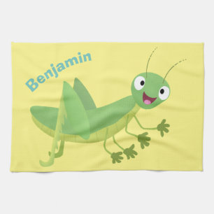 Cute green happy grasshopper cartoon kitchen towel