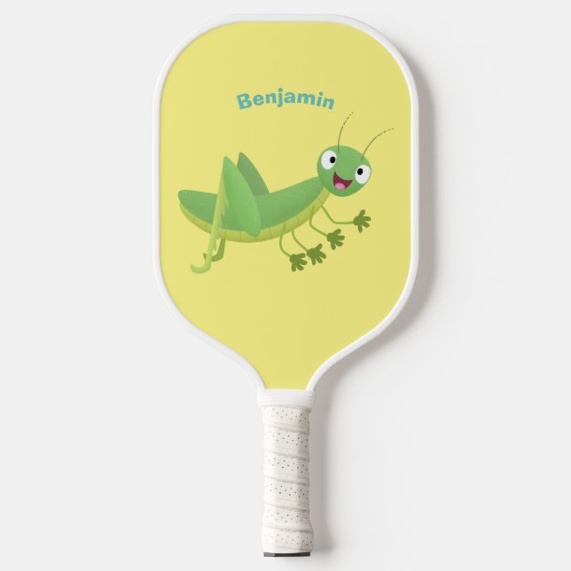 Cute green happy grasshopper cartoon pickleball paddle (Front)