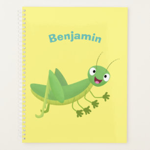 Cute green happy grasshopper cartoon planner