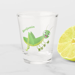 Cute green happy grasshopper cartoon shot glass