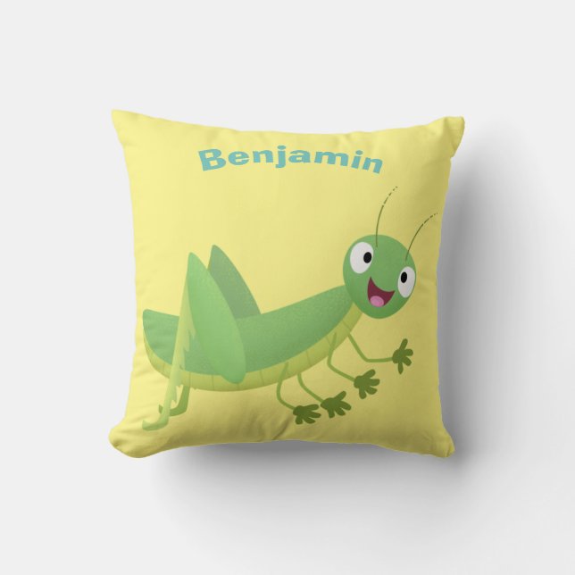 Cute green happy grasshopper cartoon throw pillow (Front)
