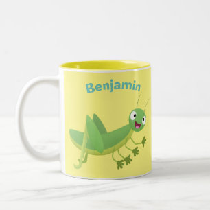 Cute green happy grasshopper cartoon Two-Tone coffee mug