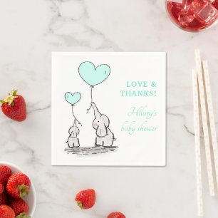 Cute Green Heart Balloons Elephant Baby Shower Napkin