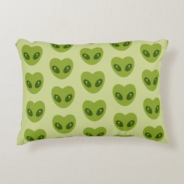 Cute Green Heart-Shaped Alien Head Pattern Accent Pillow (Front)