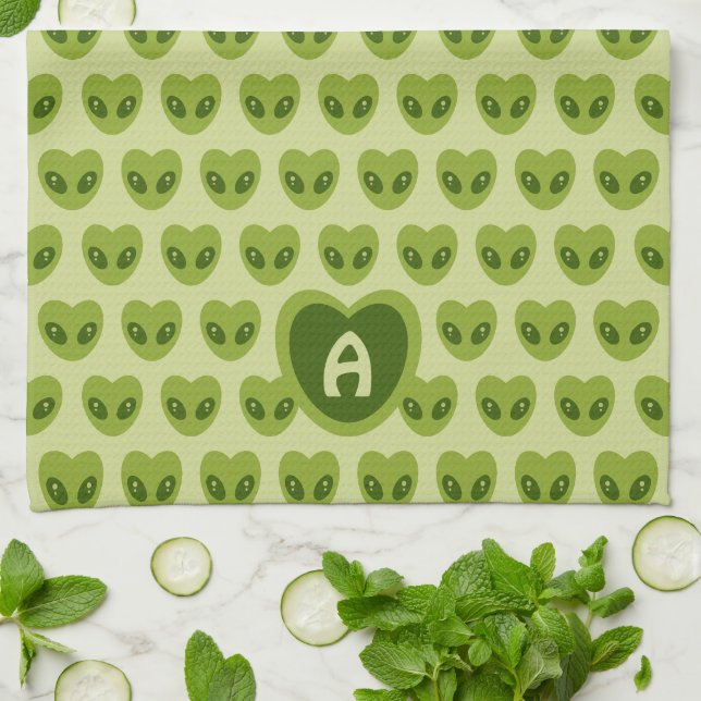 Cute Green Heart-Shaped Alien Pattern Monogram Kit Kitchen Towel (Folded)