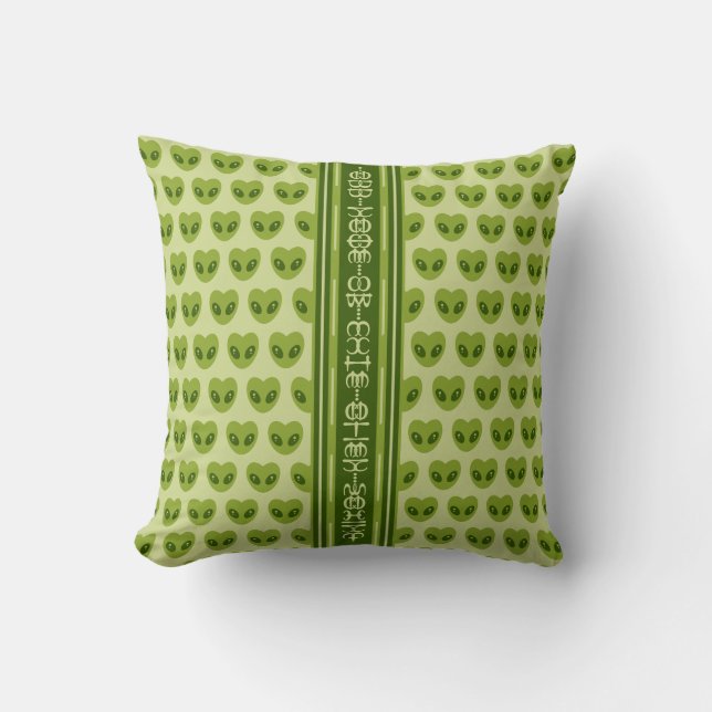 Cute Green Heart-Shaped Alien Your Name in Glyphs Throw Pillow (Front)