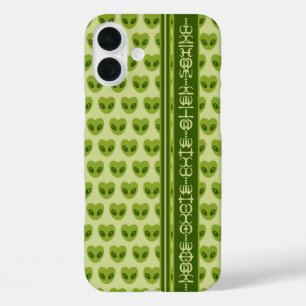Cute Green Heart-Shaped Alien Your Text in Glyphs iPhone 16 Plus Case