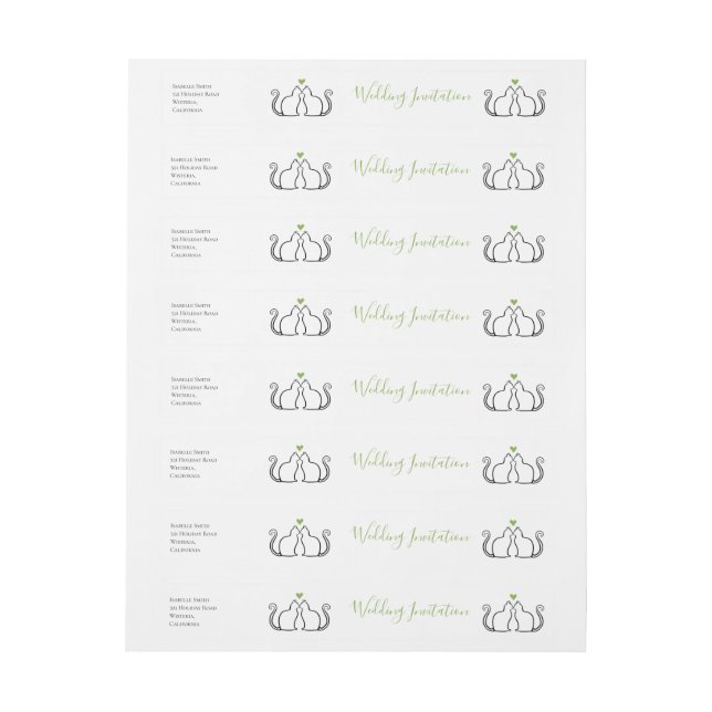 Cute Green Hearts Black Cats Wedding Invitation Wraparound Address Label (Sheet)
