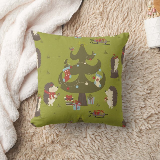 Cute Green Hedgehogs with Christmas Tree  Throw Pillow (Blanket)