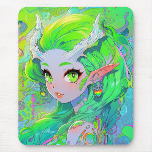 Cute Green Horned Wood Elf Anime Girl Mouse Pad