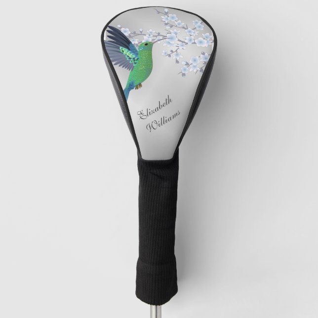 Cute Green Hummingbird Cherry Blossom Add Name  Golf Head Cover (Front)