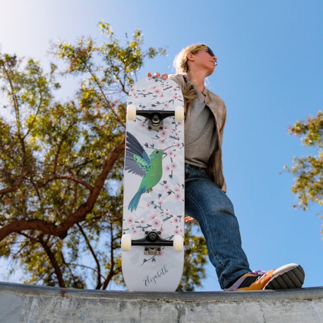 Cute Green Hummingbird Cherry Blossom Add Name  Ha Skateboard (Outdoor 1)