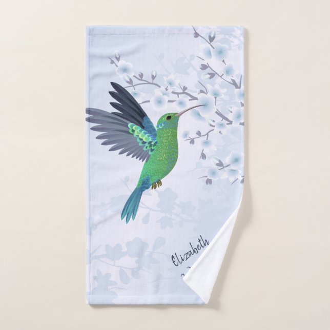 Cute Green Hummingbird Cherry Blossom Add Name  Hand Towel (Hand Towel)