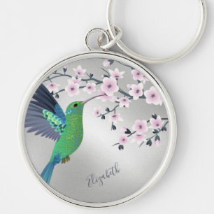 Cute Green Hummingbird Cherry Blossom Add Name  Ke Keychain