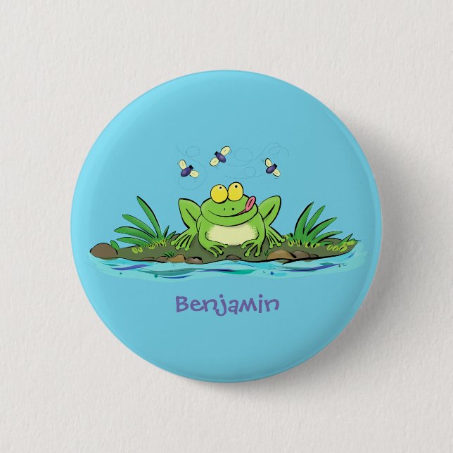 Cute green hungry frog cartoon illustration 2 inch round button (Front)