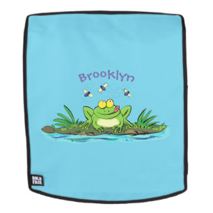 Cute green hungry frog cartoon illustration backpack
