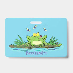 Cute green hungry frog cartoon illustration badge