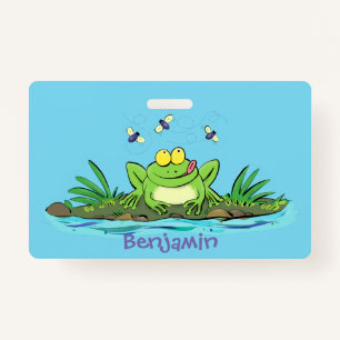 Cute green hungry frog cartoon illustration badge